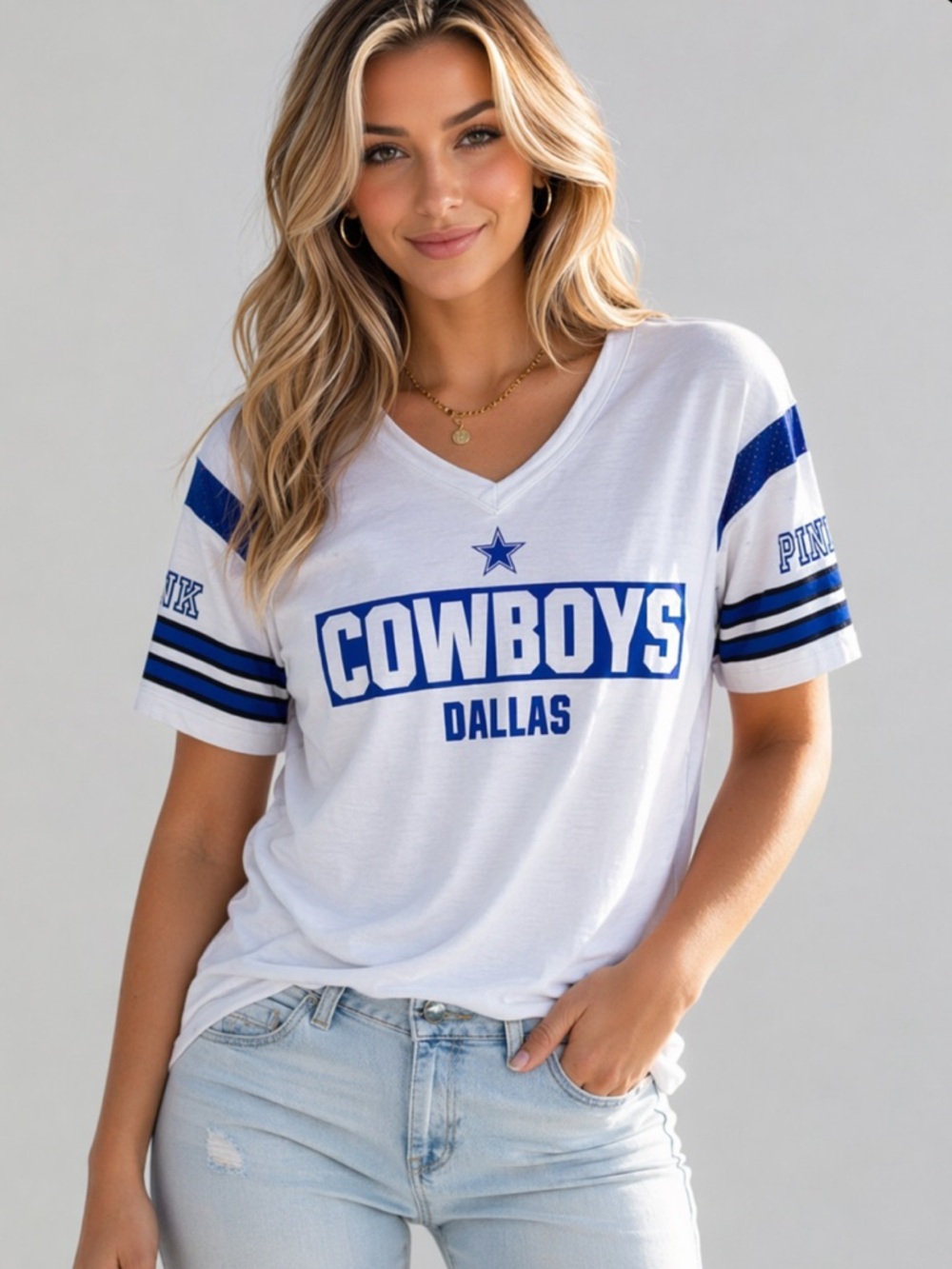 NWOT VINTAGE PINK VICTORIA SECRET NFL DALLAS COWBOYS SHORT SLEEVE V-NECK TOP XS